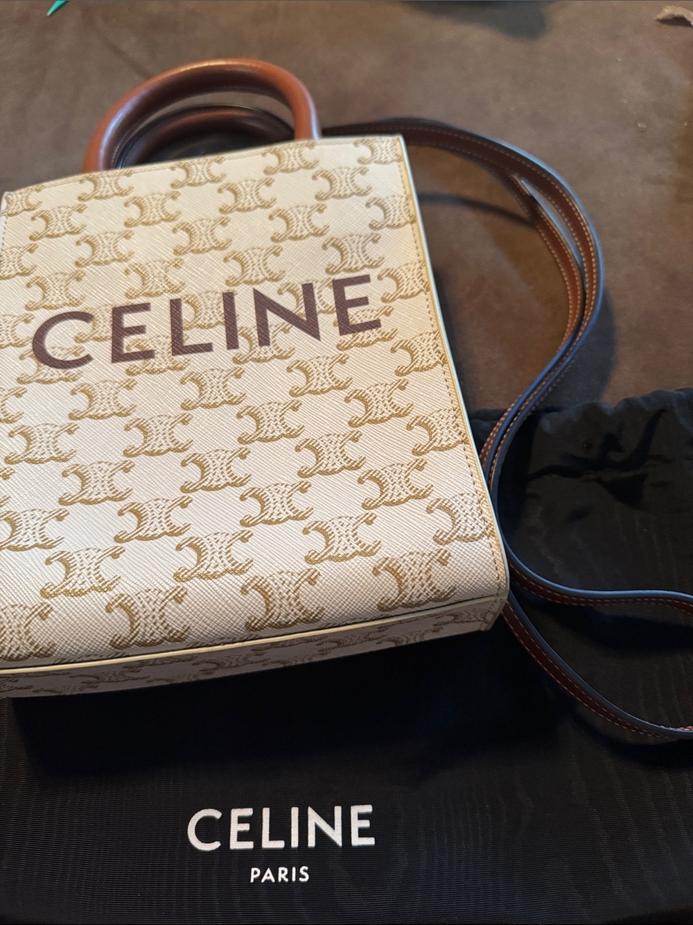 Celine Cream Canvas Logo Crossbody with Brown Trim New